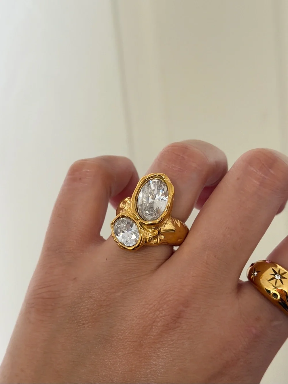 Gold Double-Crystal Statement Ring - Clear Stones